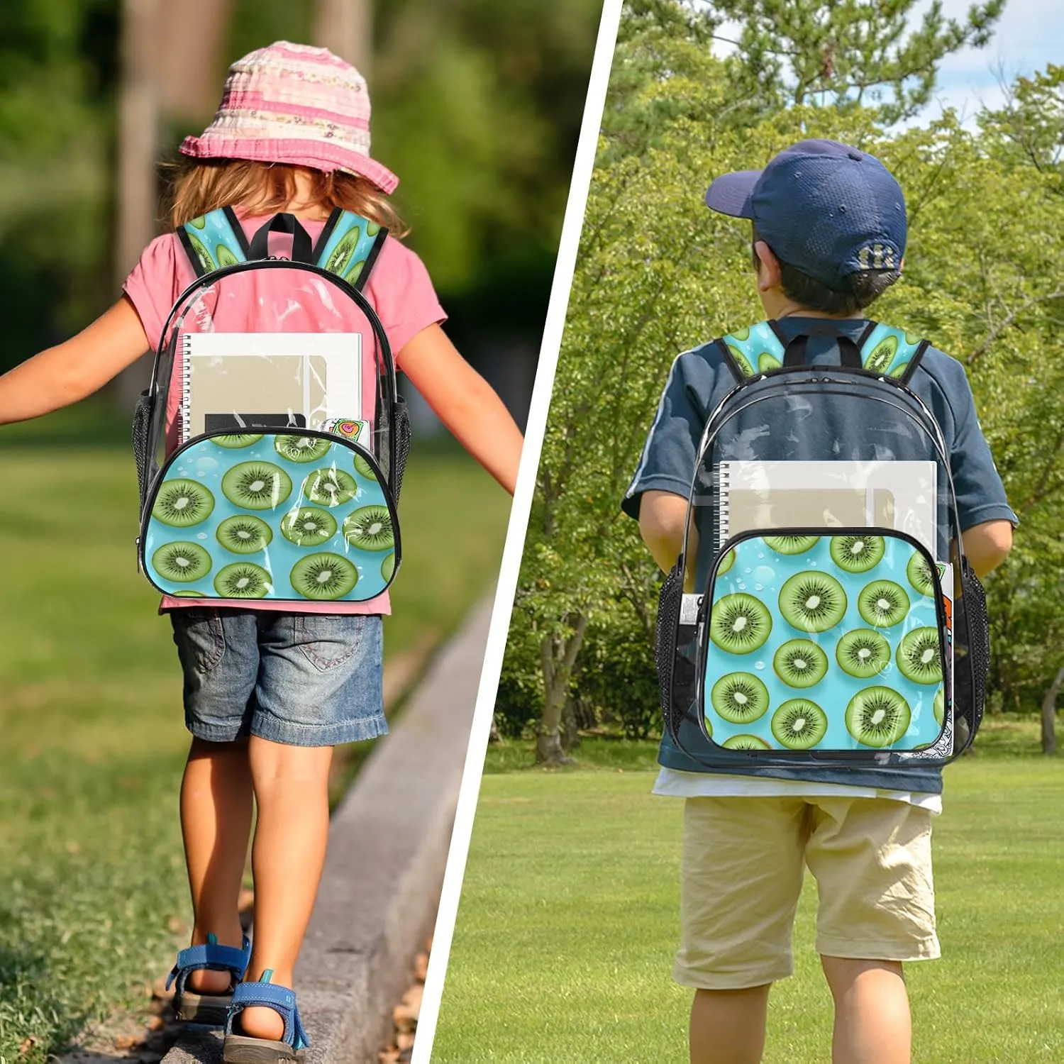 KOBLEN Green Fruit Slices Art 17.1 Inch Clear Backpack, Heavy Duty Transparent PVC Daypack with Adjustable Padded Straps, Large Capacity Clear Bag for Festival, Concerts, Travel