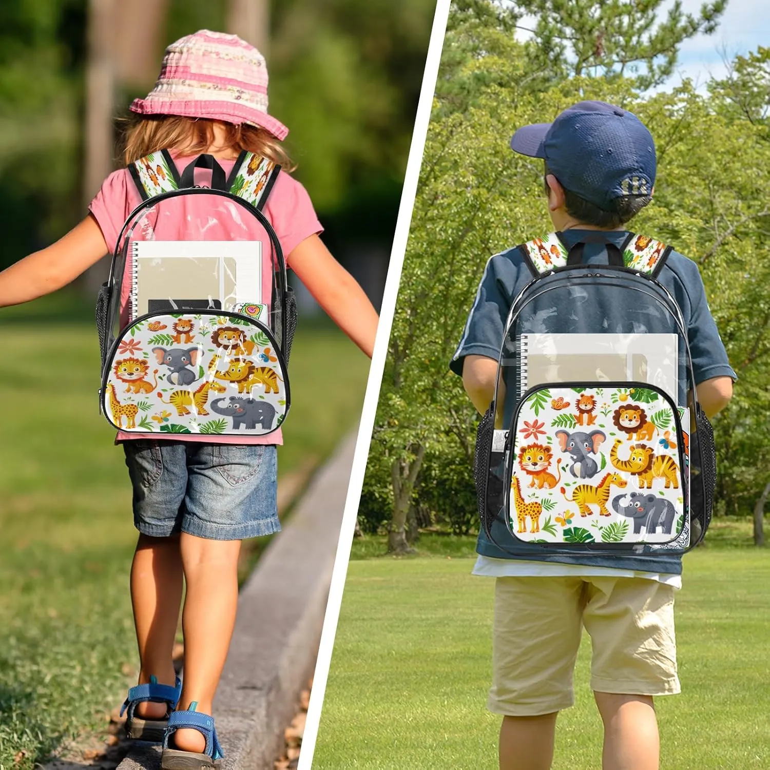KOBLEN Jungle Animal Fun 17.1 Inch Clear Backpack, Heavy Duty Transparent PVC Daypack with Adjustable Padded Straps, Large Capacity Clear Bag for Festival, Concerts, Travel