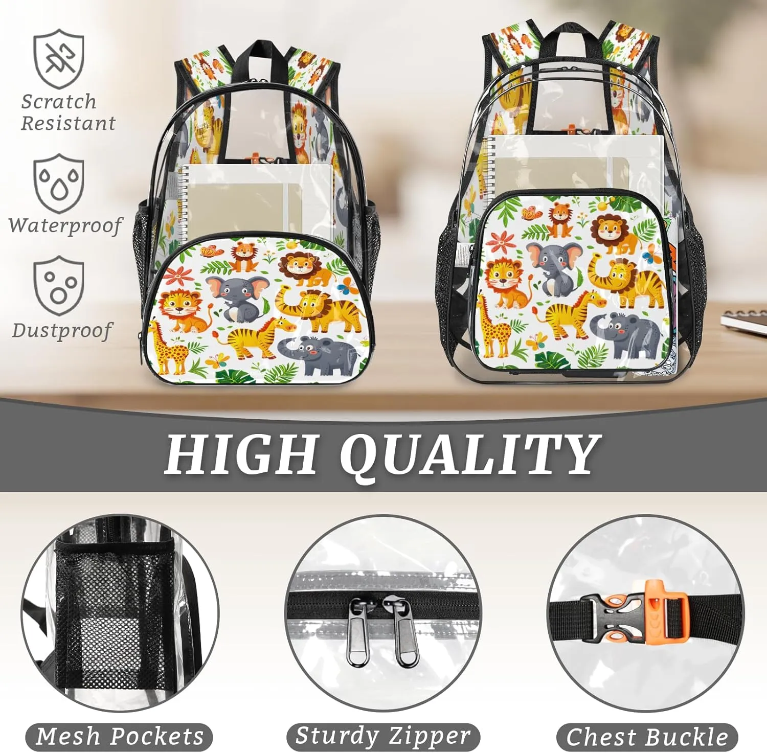 KOBLEN Jungle Animal Fun 17.1 Inch Clear Backpack, Heavy Duty Transparent PVC Daypack with Adjustable Padded Straps, Large Capacity Clear Bag for Festival, Concerts, Travel