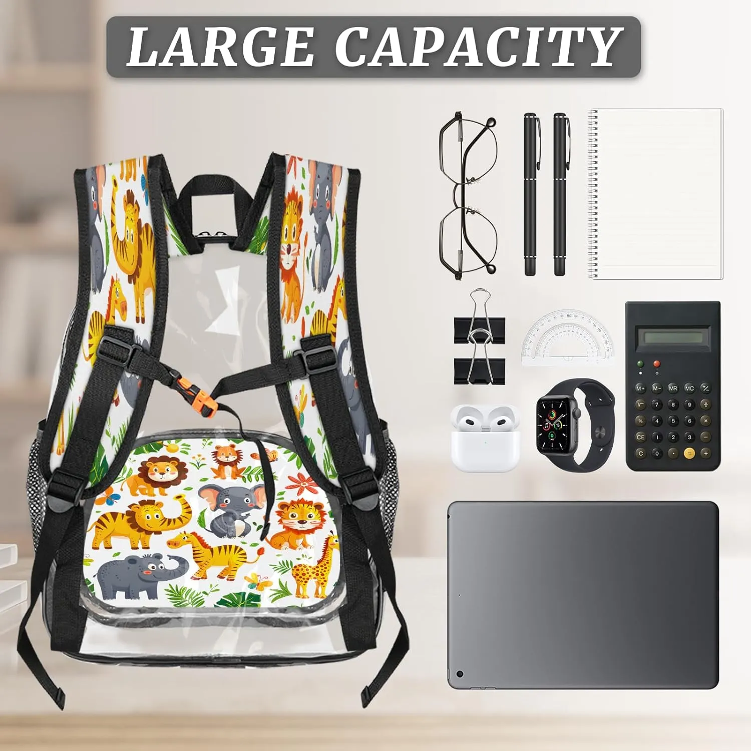 KOBLEN Jungle Animal Fun 17.1 Inch Clear Backpack, Heavy Duty Transparent PVC Daypack with Adjustable Padded Straps, Large Capacity Clear Bag for Festival, Concerts, Travel