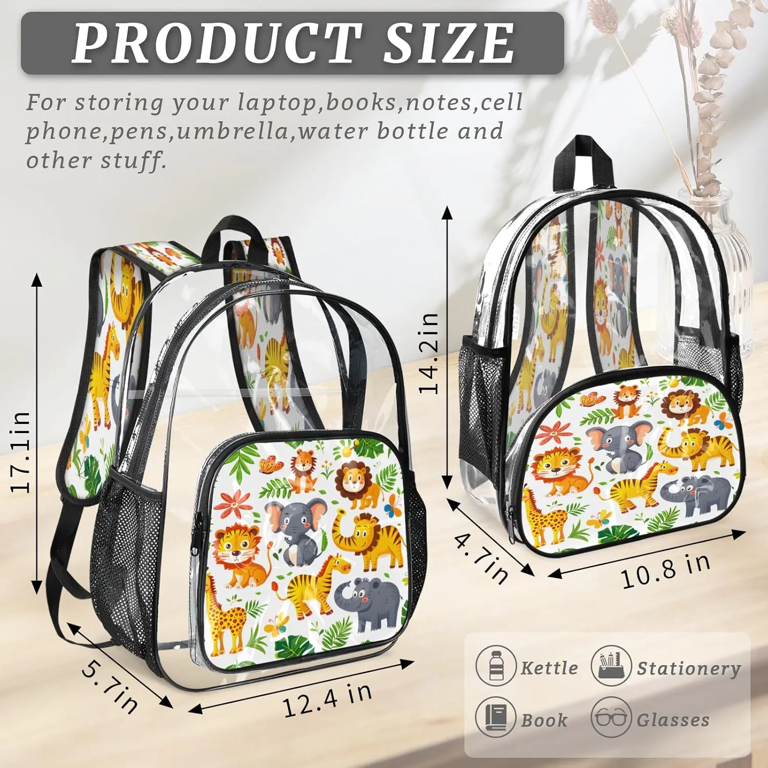 KOBLEN Jungle Animal Fun 17.1 Inch Clear Backpack, Heavy Duty Transparent PVC Daypack with Adjustable Padded Straps, Large Capacity Clear Bag for Festival, Concerts, Travel