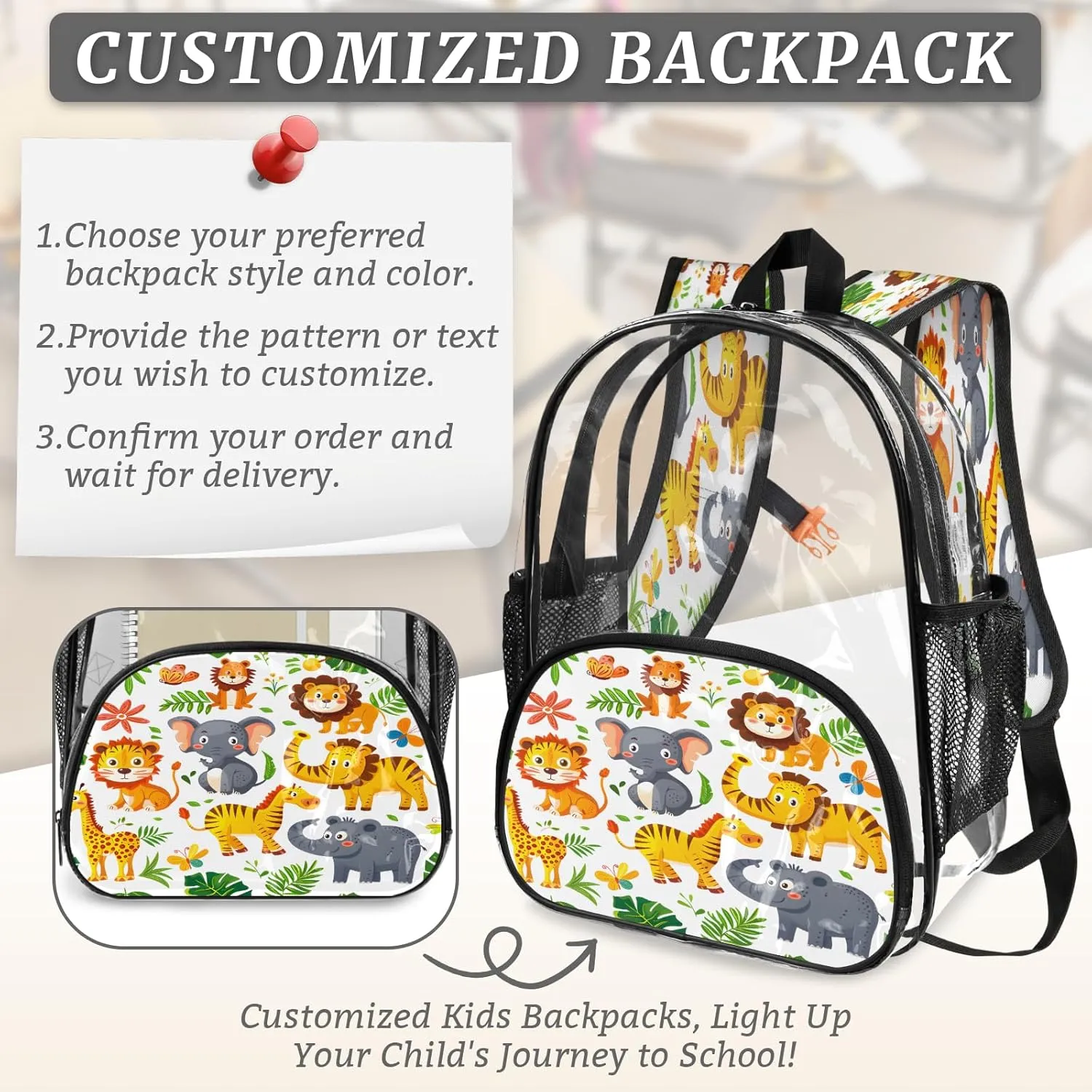 KOBLEN Jungle Animal Fun 17.1 Inch Clear Backpack, Heavy Duty Transparent PVC Daypack with Adjustable Padded Straps, Large Capacity Clear Bag for Festival, Concerts, Travel