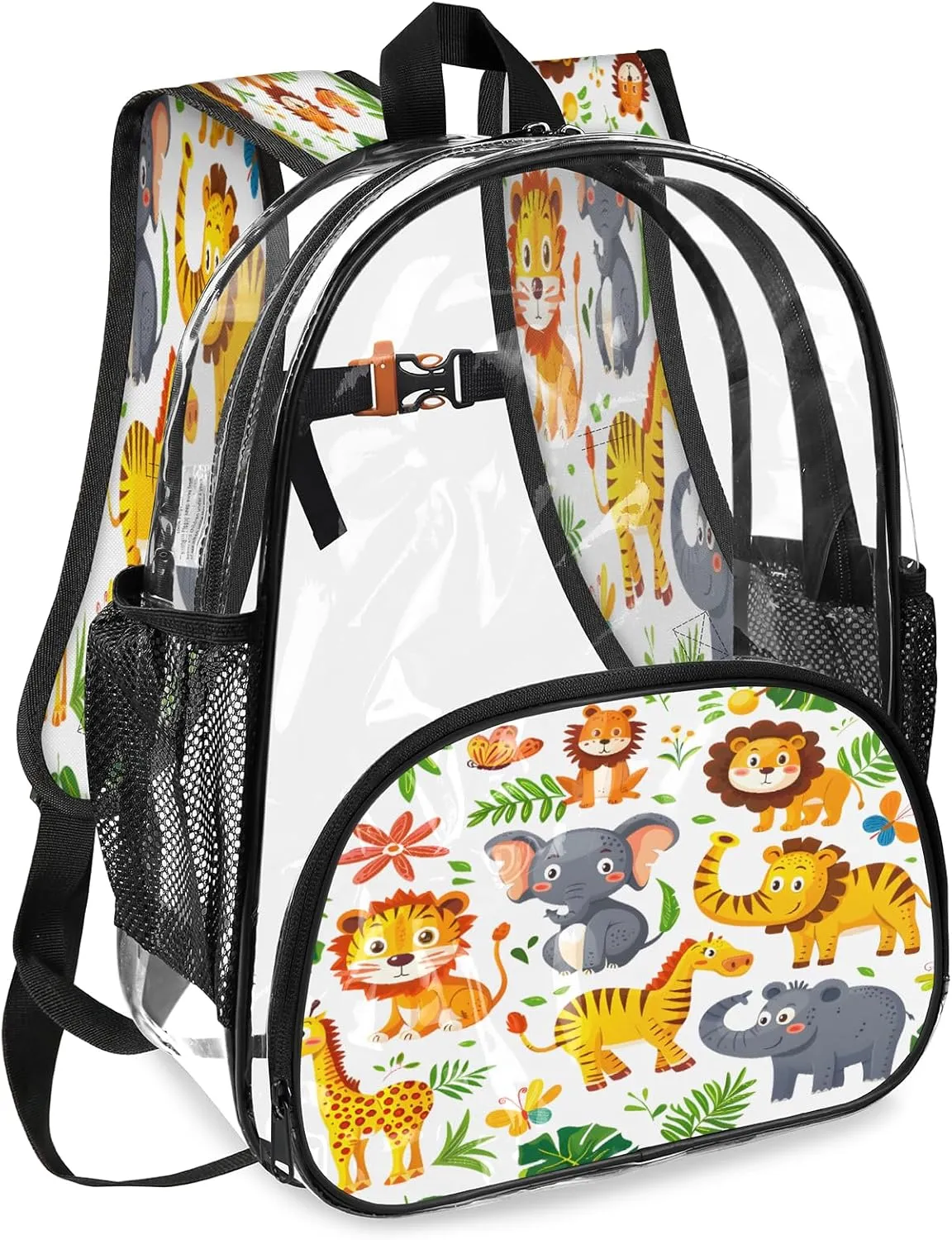 KOBLEN Jungle Animal Fun 17.1 Inch Clear Backpack, Heavy Duty Transparent PVC Daypack with Adjustable Padded Straps, Large Capacity Clear Bag for Festival, Concerts, Travel