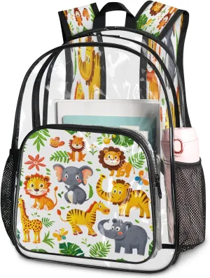 KOBLEN Jungle Animal Fun 17.1 Inch Clear Backpack, Heavy Duty Transparent PVC Daypack with Adjustable Padded Straps, Large Capacity Clear Bag for Festival, Concerts, Travel