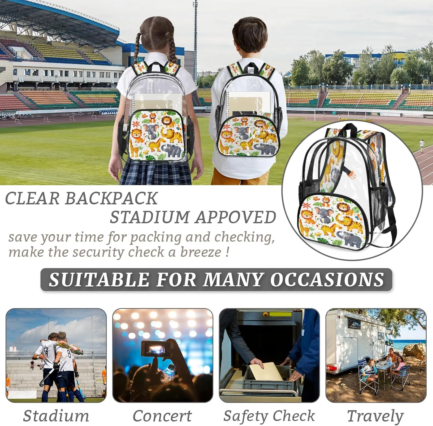 KOBLEN Jungle Animal Fun 17.1 Inch Clear Backpack, Heavy Duty Transparent PVC Daypack with Adjustable Padded Straps, Large Capacity Clear Bag for Festival, Concerts, Travel