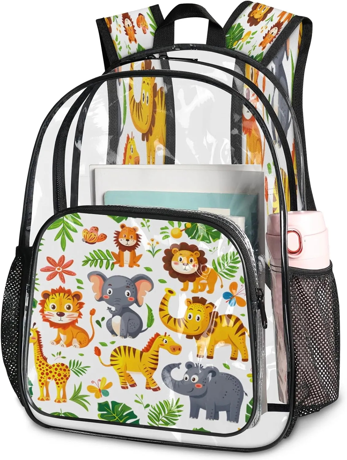 KOBLEN Jungle Animal Fun 17.1 Inch Clear Backpack, Heavy Duty Transparent PVC Daypack with Adjustable Padded Straps, Large Capacity Clear Bag for Festival, Concerts, Travel