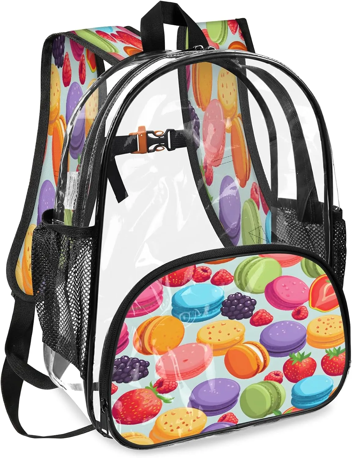 KOBLEN Macaron Berry Mix 17.1 Inch Clear Backpack, Heavy Duty Transparent PVC Daypack with Adjustable Padded Straps, Large Capacity Clear Bag for Festival, Concerts, Travel