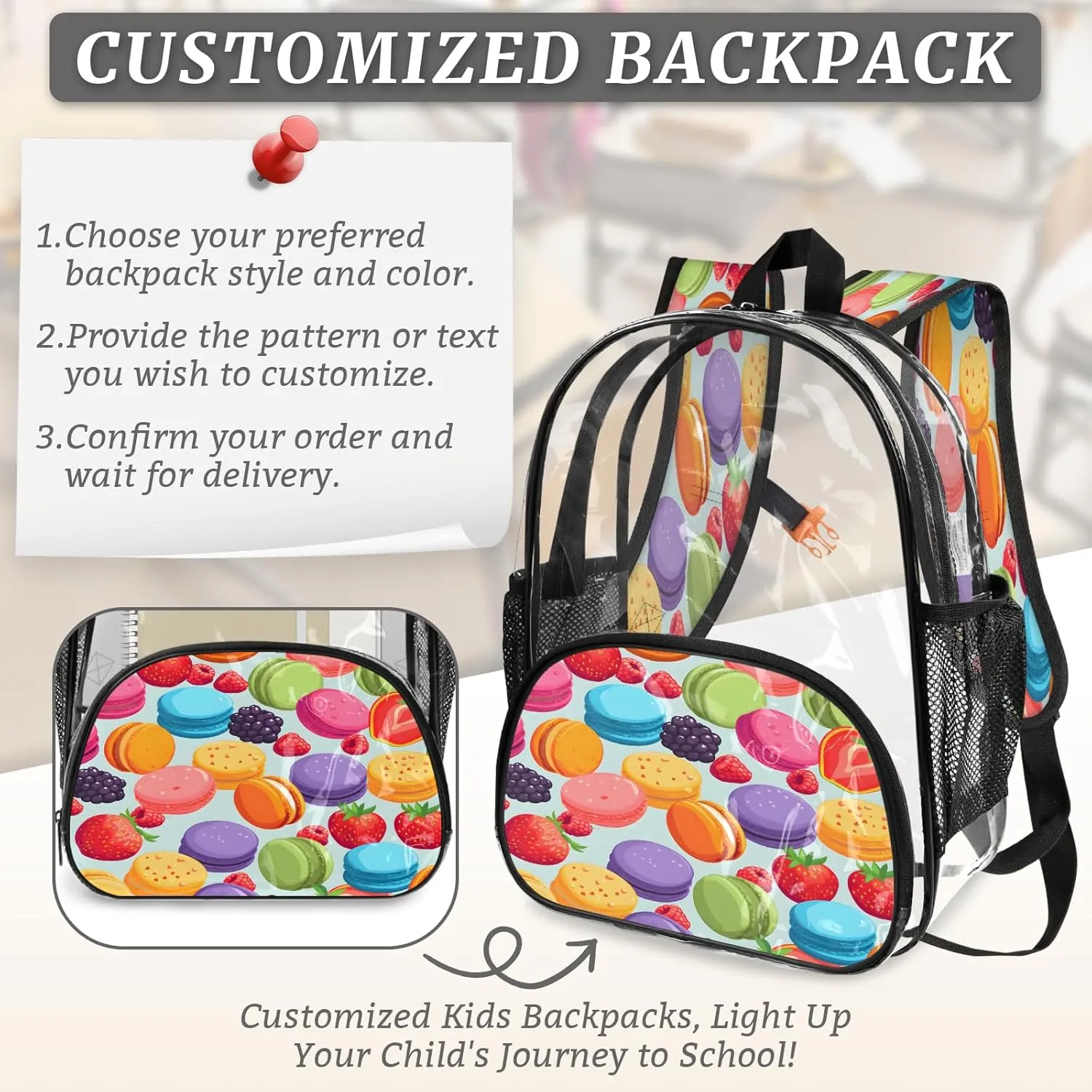 KOBLEN Macaron Berry Mix 17.1 Inch Clear Backpack, Heavy Duty Transparent PVC Daypack with Adjustable Padded Straps, Large Capacity Clear Bag for Festival, Concerts, Travel
