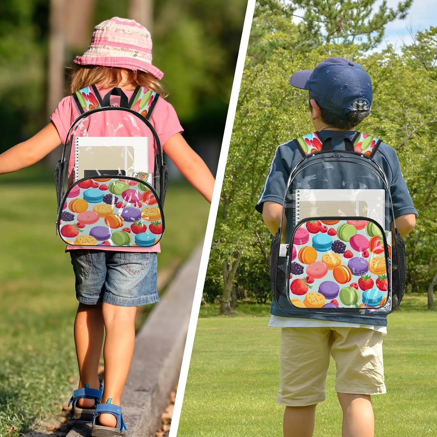 KOBLEN Macaron Berry Mix 17.1 Inch Clear Backpack, Heavy Duty Transparent PVC Daypack with Adjustable Padded Straps, Large Capacity Clear Bag for Festival, Concerts, Travel