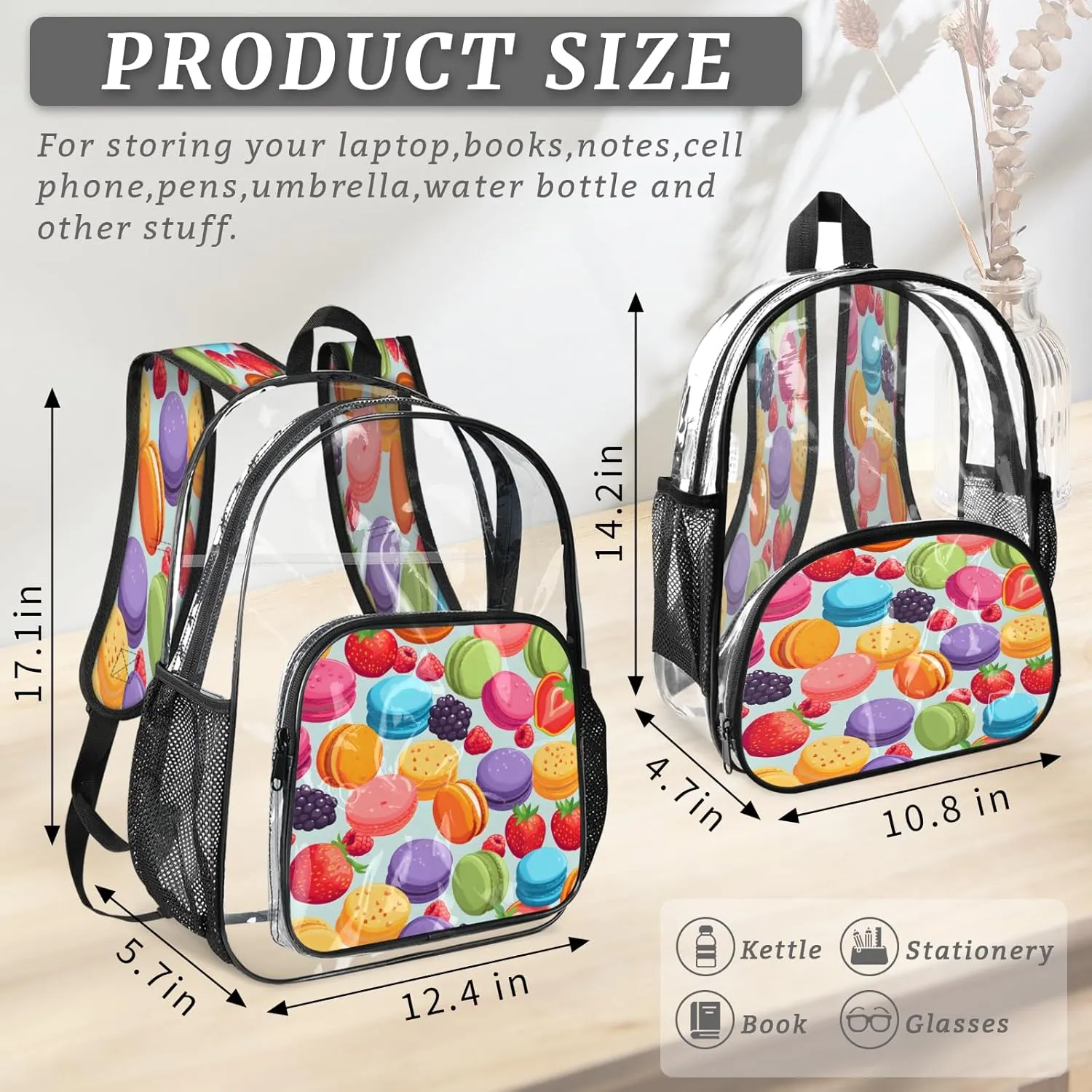 KOBLEN Macaron Berry Mix 17.1 Inch Clear Backpack, Heavy Duty Transparent PVC Daypack with Adjustable Padded Straps, Large Capacity Clear Bag for Festival, Concerts, Travel