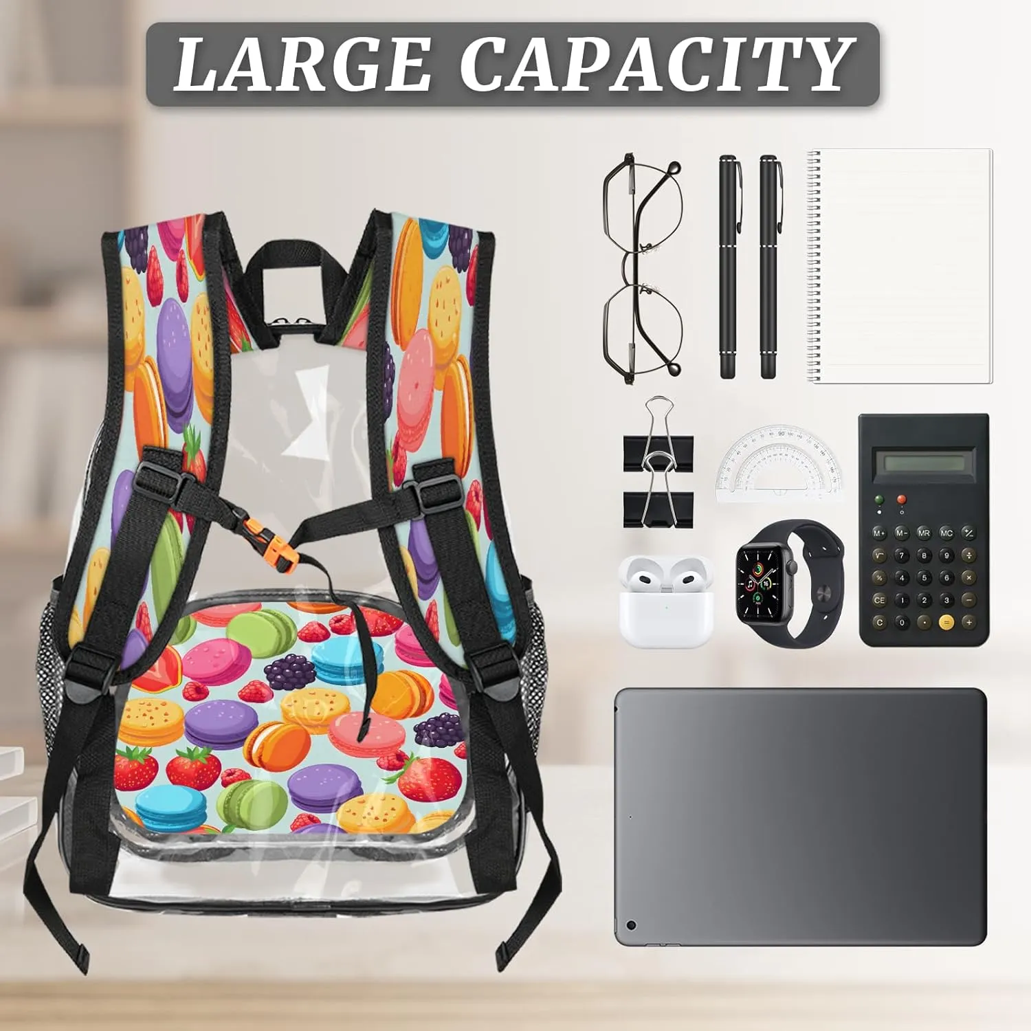 KOBLEN Macaron Berry Mix 17.1 Inch Clear Backpack, Heavy Duty Transparent PVC Daypack with Adjustable Padded Straps, Large Capacity Clear Bag for Festival, Concerts, Travel