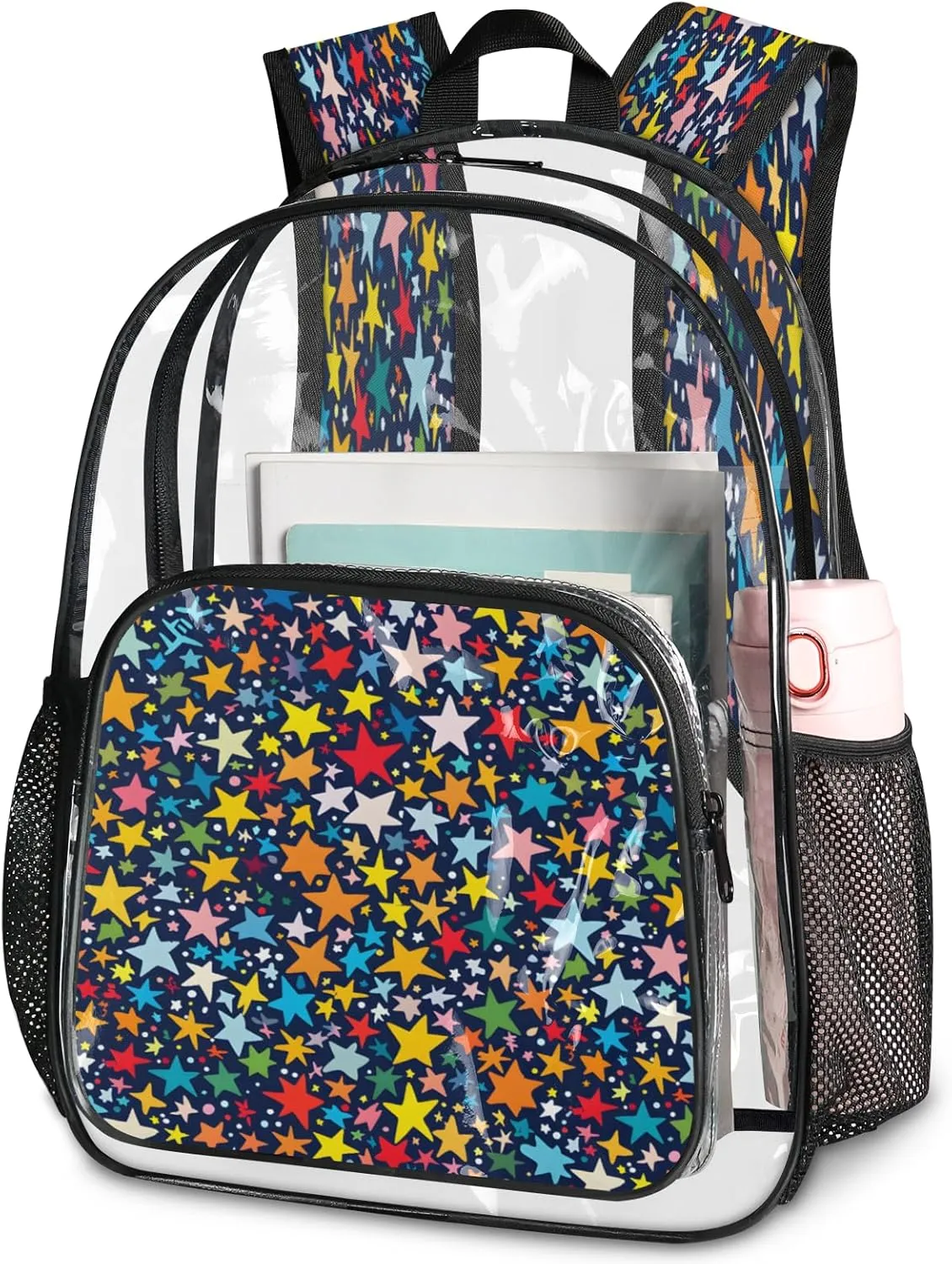 KOBLEN Multi Star Galaxy Design 17.1 Inch Clear Backpack, Heavy Duty Transparent PVC Daypack with Adjustable Padded Straps, Large Capacity Clear Bag for Festival, Concerts, Travel