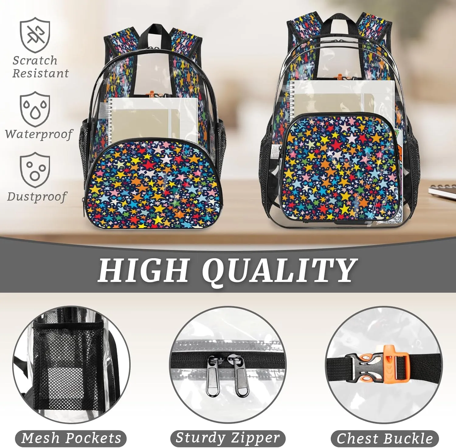 KOBLEN Multi Star Galaxy Design 17.1 Inch Clear Backpack, Heavy Duty Transparent PVC Daypack with Adjustable Padded Straps, Large Capacity Clear Bag for Festival, Concerts, Travel