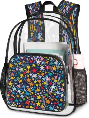 KOBLEN Multi Star Galaxy Design 17.1 Inch Clear Backpack, Heavy Duty Transparent PVC Daypack with Adjustable Padded Straps, Large Capacity Clear Bag for Festival, Concerts, Travel