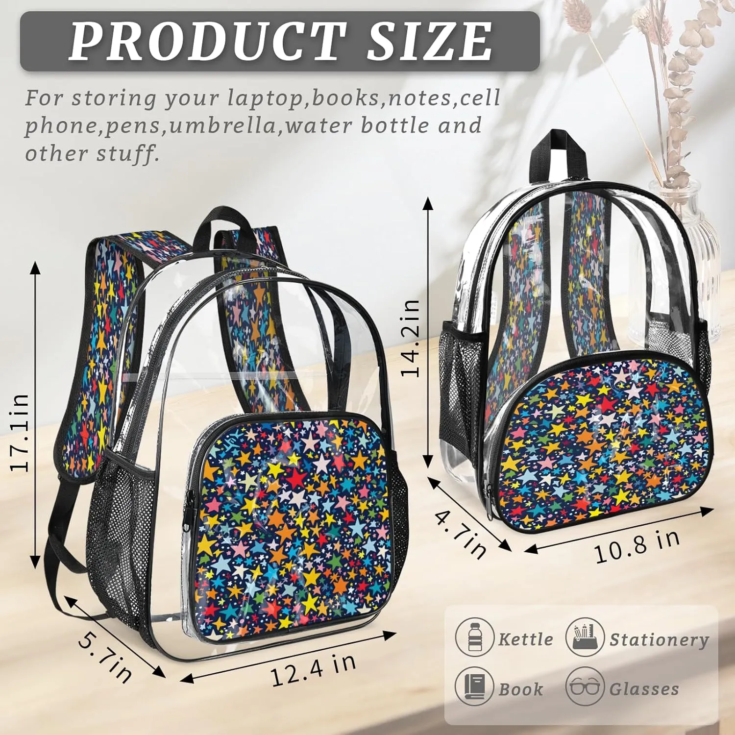 KOBLEN Multi Star Galaxy Design 17.1 Inch Clear Backpack, Heavy Duty Transparent PVC Daypack with Adjustable Padded Straps, Large Capacity Clear Bag for Festival, Concerts, Travel
