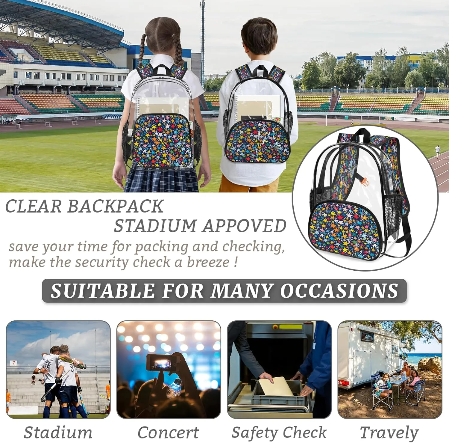 KOBLEN Multi Star Galaxy Design 17.1 Inch Clear Backpack, Heavy Duty Transparent PVC Daypack with Adjustable Padded Straps, Large Capacity Clear Bag for Festival, Concerts, Travel