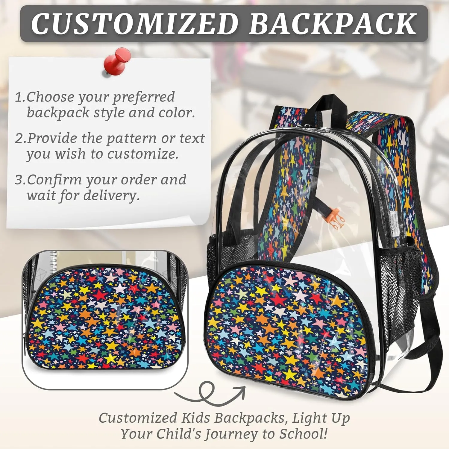 KOBLEN Multi Star Galaxy Design 17.1 Inch Clear Backpack, Heavy Duty Transparent PVC Daypack with Adjustable Padded Straps, Large Capacity Clear Bag for Festival, Concerts, Travel