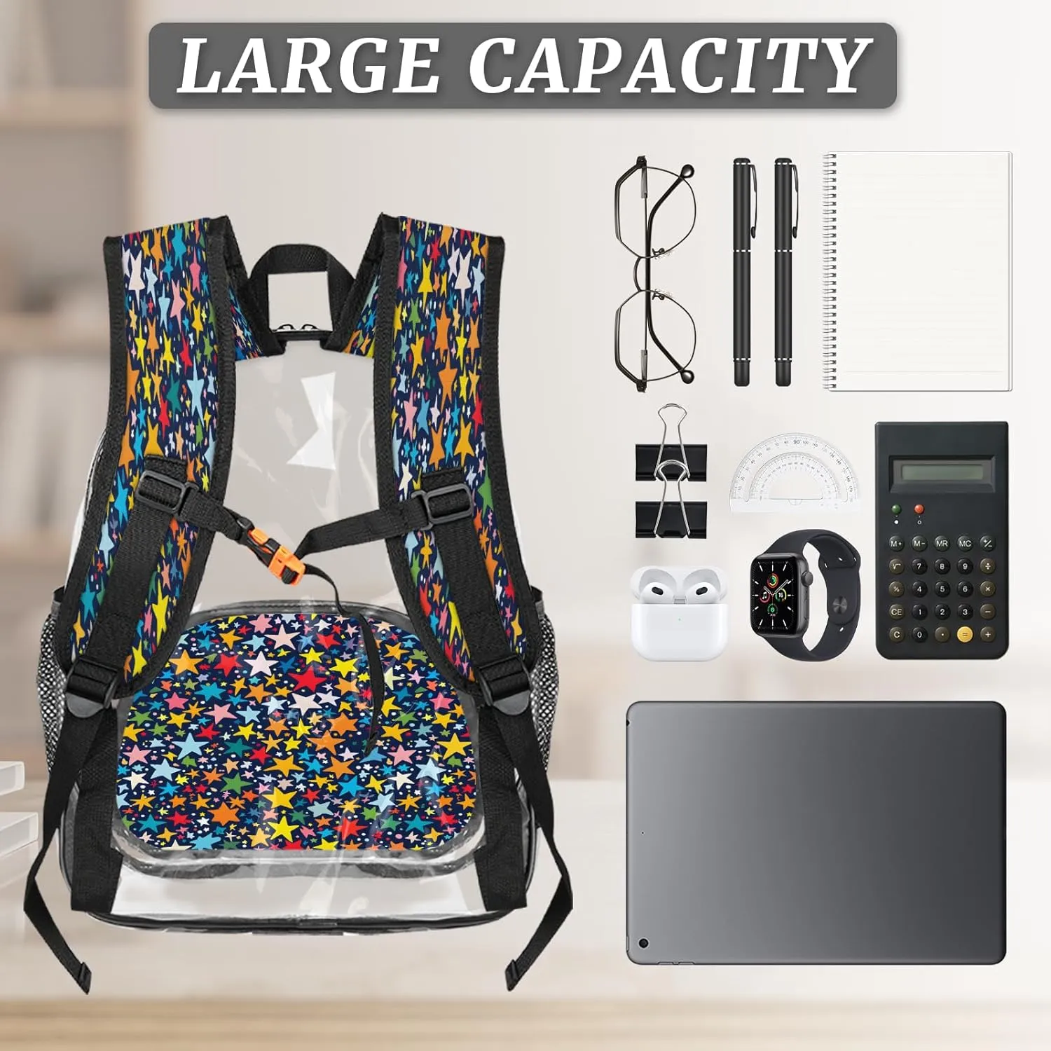 KOBLEN Multi Star Galaxy Design 17.1 Inch Clear Backpack, Heavy Duty Transparent PVC Daypack with Adjustable Padded Straps, Large Capacity Clear Bag for Festival, Concerts, Travel