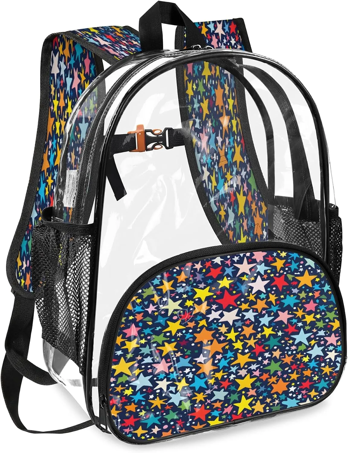 KOBLEN Multi Star Galaxy Design 17.1 Inch Clear Backpack, Heavy Duty Transparent PVC Daypack with Adjustable Padded Straps, Large Capacity Clear Bag for Festival, Concerts, Travel