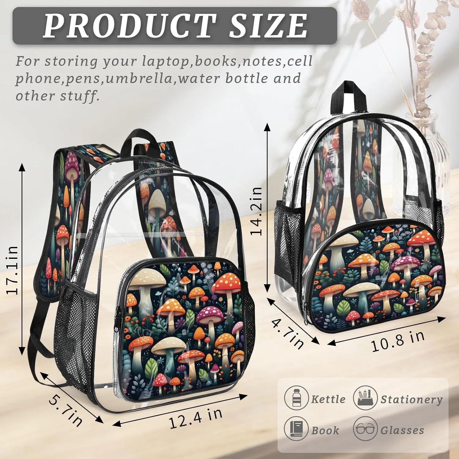 KOBLEN Mushroom Garden Variety 17.1 Inch Clear Backpack, Heavy Duty Transparent PVC Daypack with Adjustable Padded Straps, Large Capacity Clear Bag for Festival, Concerts, Travel