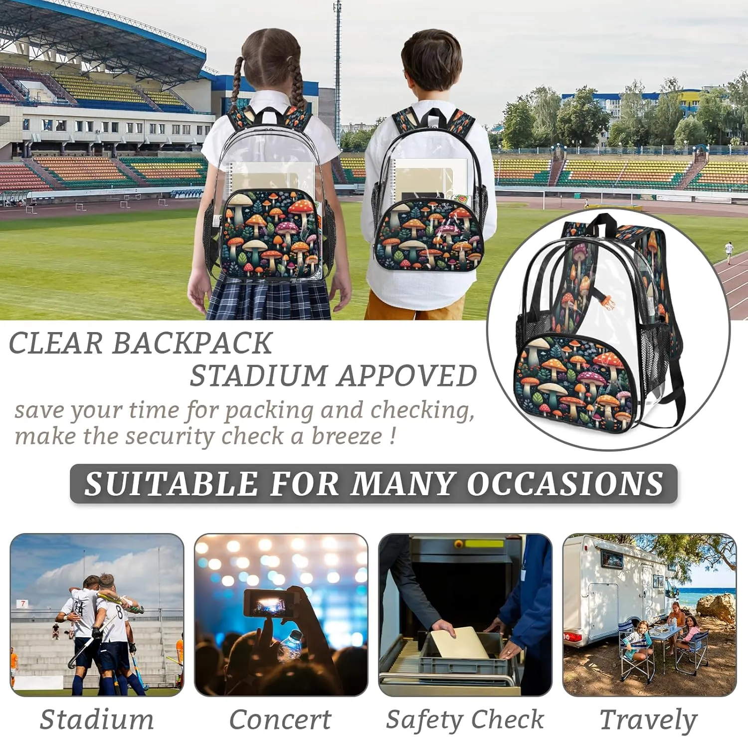 KOBLEN Mushroom Garden Variety 17.1 Inch Clear Backpack, Heavy Duty Transparent PVC Daypack with Adjustable Padded Straps, Large Capacity Clear Bag for Festival, Concerts, Travel