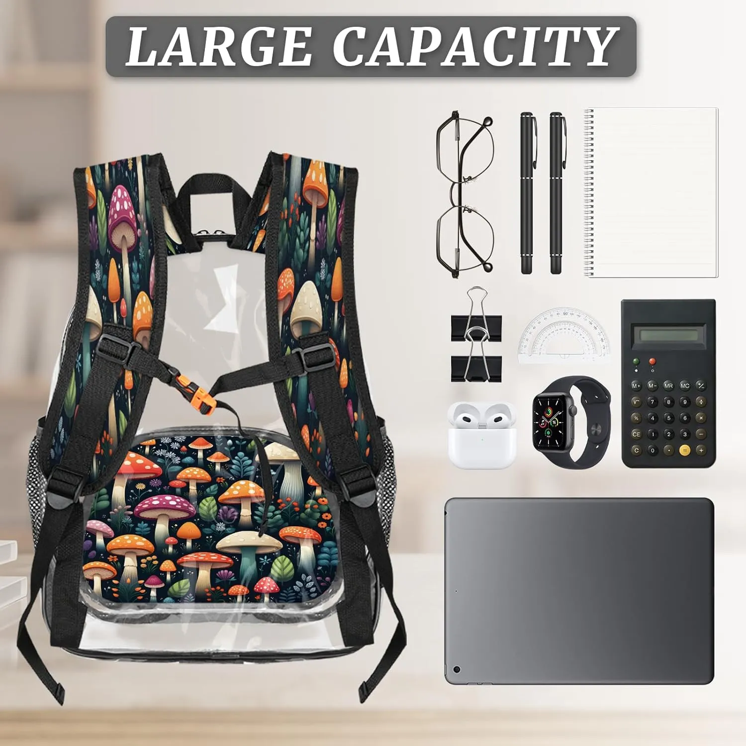 KOBLEN Mushroom Garden Variety 17.1 Inch Clear Backpack, Heavy Duty Transparent PVC Daypack with Adjustable Padded Straps, Large Capacity Clear Bag for Festival, Concerts, Travel
