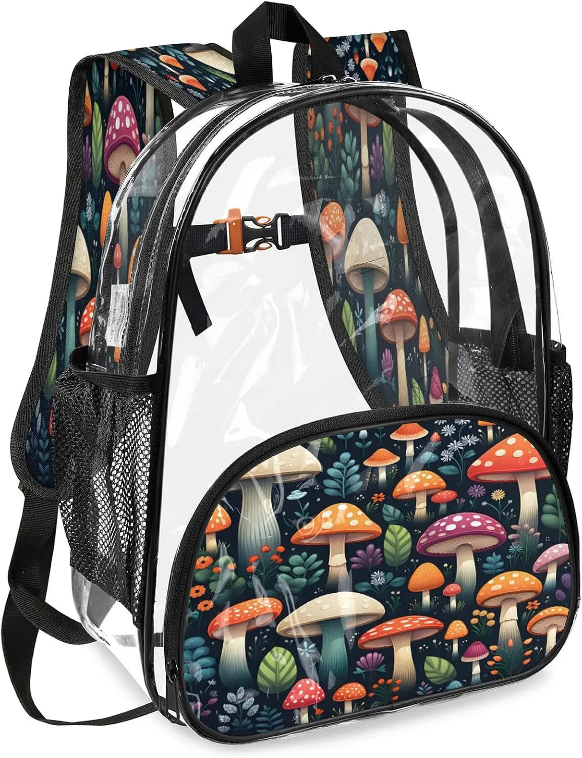 KOBLEN Mushroom Garden Variety 17.1 Inch Clear Backpack, Heavy Duty Transparent PVC Daypack with Adjustable Padded Straps, Large Capacity Clear Bag for Festival, Concerts, Travel