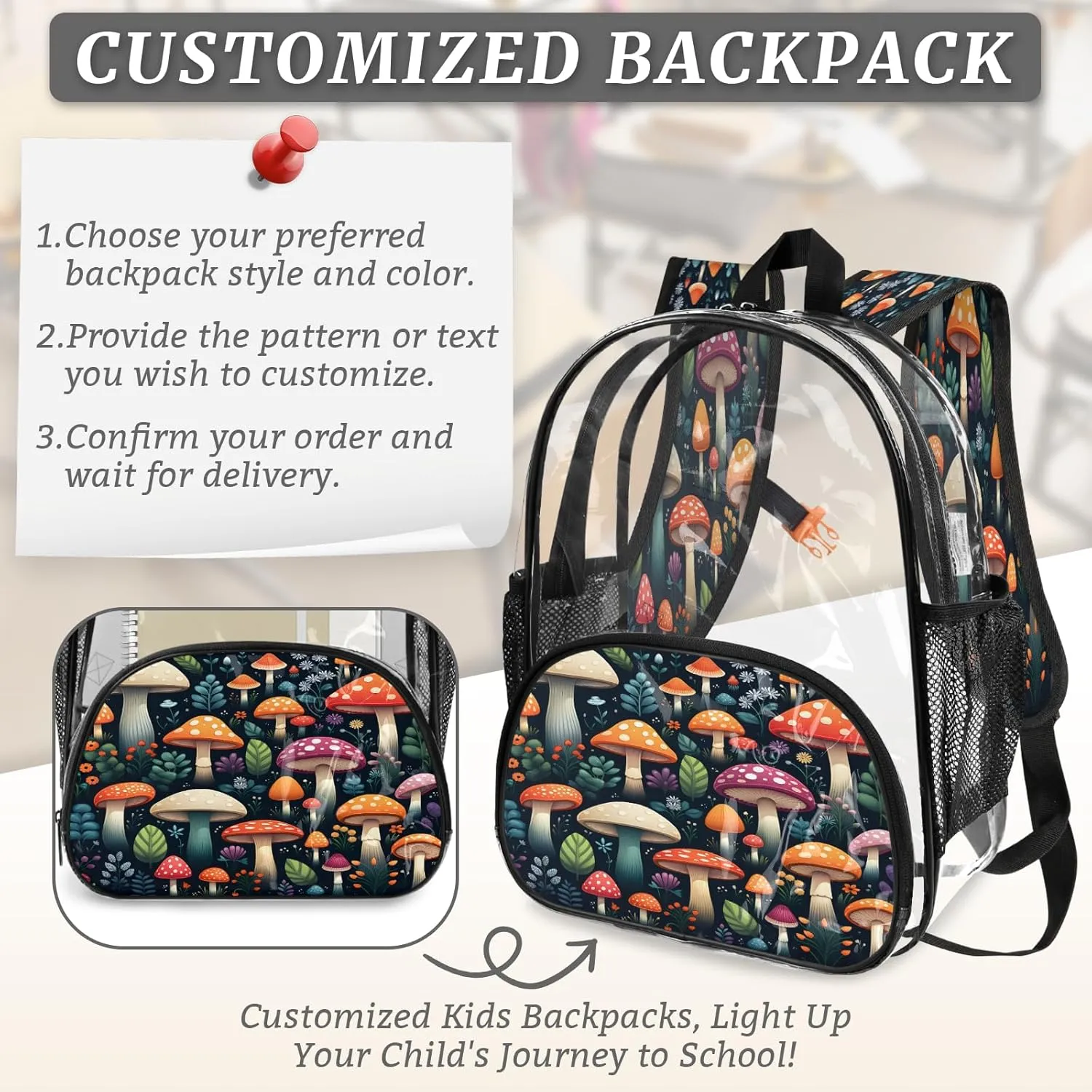 KOBLEN Mushroom Garden Variety 17.1 Inch Clear Backpack, Heavy Duty Transparent PVC Daypack with Adjustable Padded Straps, Large Capacity Clear Bag for Festival, Concerts, Travel