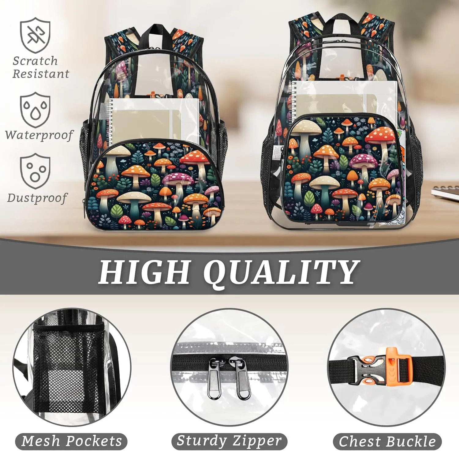 KOBLEN Mushroom Garden Variety 17.1 Inch Clear Backpack, Heavy Duty Transparent PVC Daypack with Adjustable Padded Straps, Large Capacity Clear Bag for Festival, Concerts, Travel