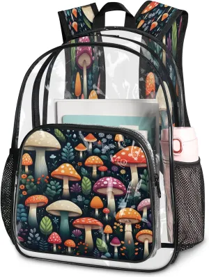 KOBLEN Mushroom Garden Variety 17.1 Inch Clear Backpack, Heavy Duty Transparent PVC Daypack with Adjustable Padded Straps, Large Capacity Clear Bag for Festival, Concerts, Travel