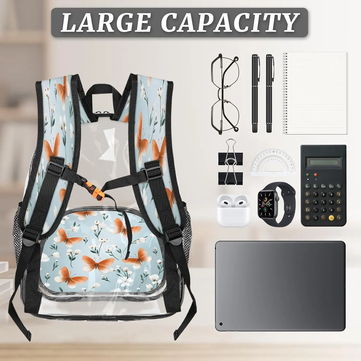 KOBLEN Orange Butterflies White Blooms 14.2 Inch Clear Backpack, Heavy Duty Transparent PVC Daypack with Adjustable Padded Straps, Large Capacity Clear Bag for Festival, Concerts, Travel