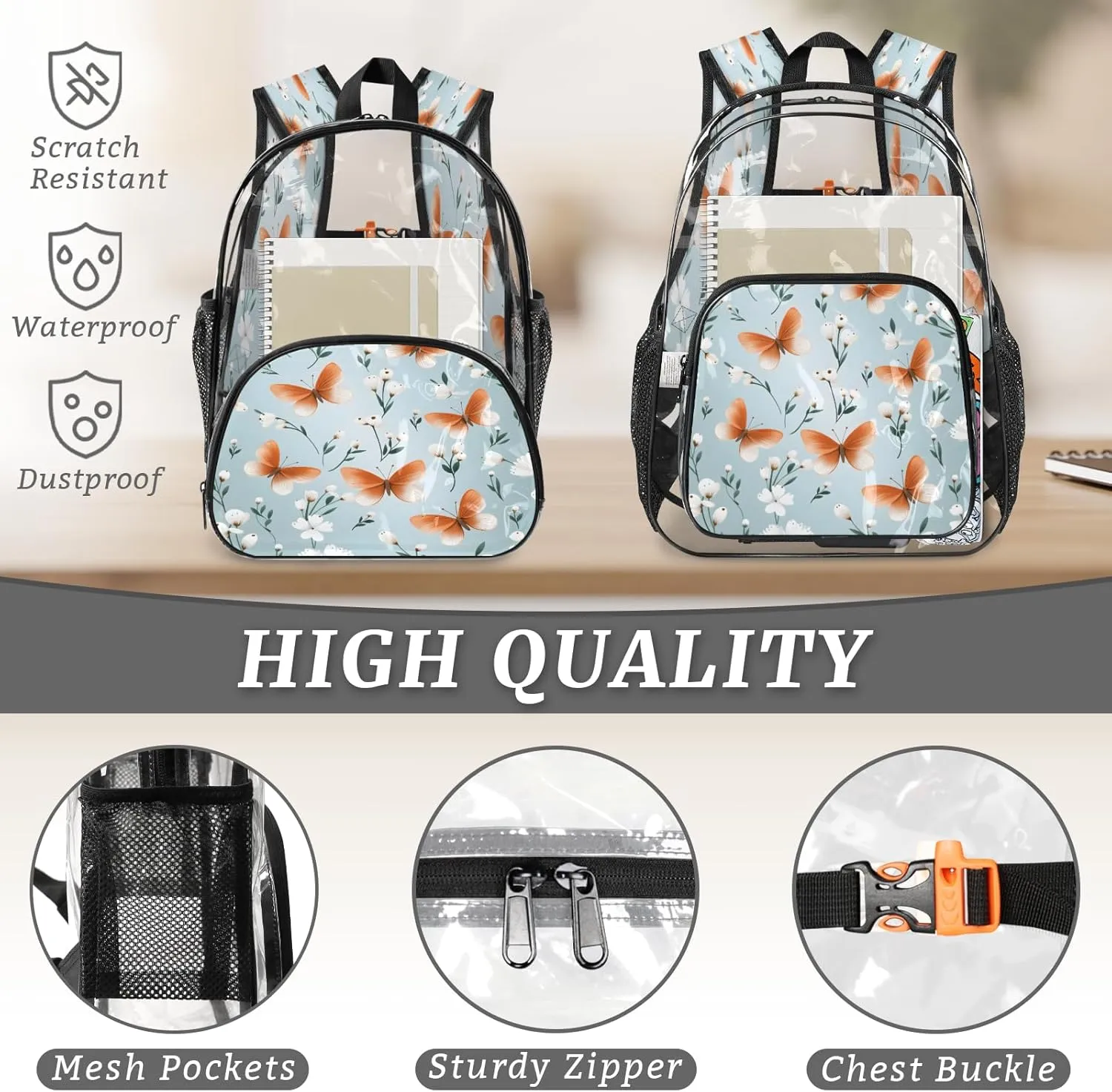 KOBLEN Orange Butterflies White Blooms 14.2 Inch Clear Backpack, Heavy Duty Transparent PVC Daypack with Adjustable Padded Straps, Large Capacity Clear Bag for Festival, Concerts, Travel