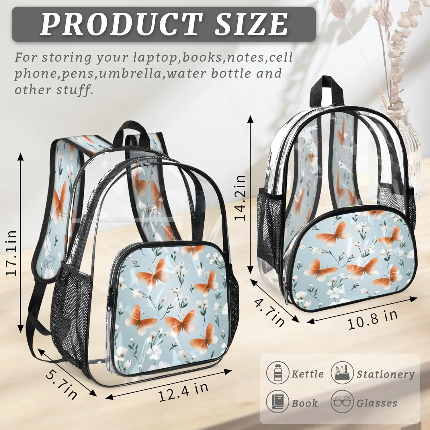 KOBLEN Orange Butterflies White Blooms 14.2 Inch Clear Backpack, Heavy Duty Transparent PVC Daypack with Adjustable Padded Straps, Large Capacity Clear Bag for Festival, Concerts, Travel