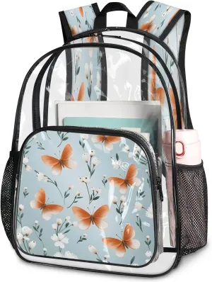 KOBLEN Orange Butterflies White Blooms 14.2 Inch Clear Backpack, Heavy Duty Transparent PVC Daypack with Adjustable Padded Straps, Large Capacity Clear Bag for Festival, Concerts, Travel