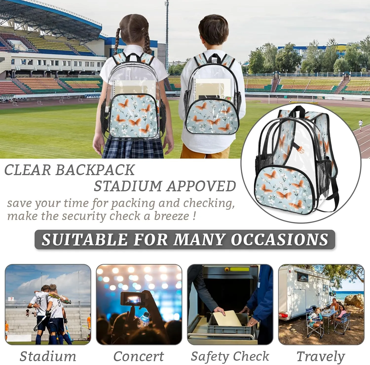 KOBLEN Orange Butterflies White Blooms 14.2 Inch Clear Backpack, Heavy Duty Transparent PVC Daypack with Adjustable Padded Straps, Large Capacity Clear Bag for Festival, Concerts, Travel