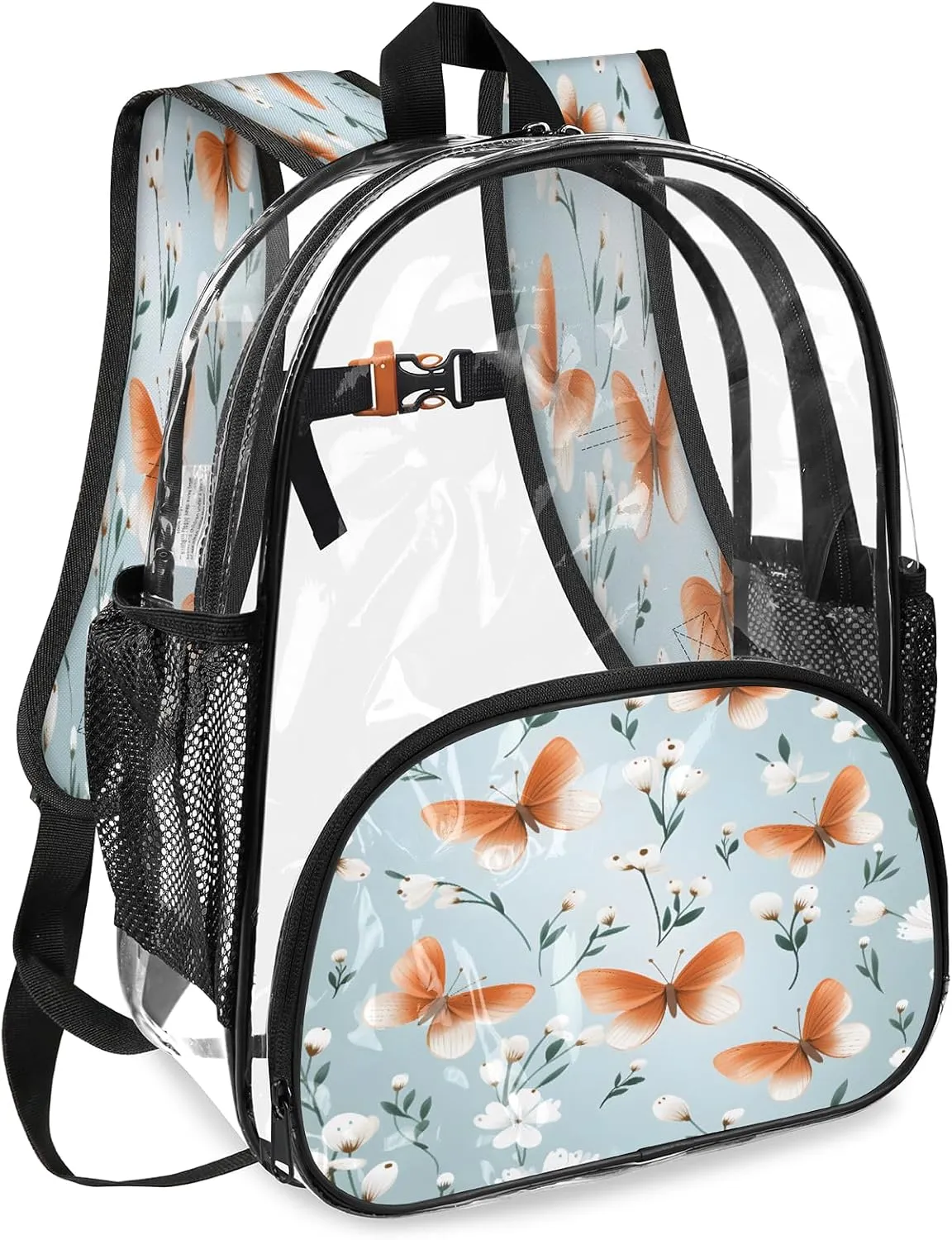 KOBLEN Orange Butterflies White Blooms 14.2 Inch Clear Backpack, Heavy Duty Transparent PVC Daypack with Adjustable Padded Straps, Large Capacity Clear Bag for Festival, Concerts, Travel