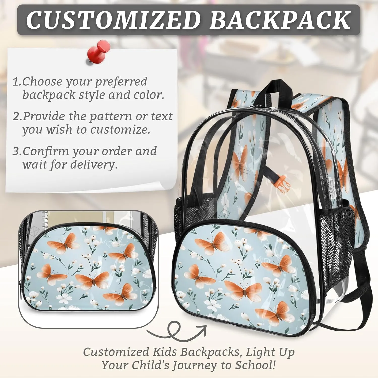KOBLEN Orange Butterflies White Blooms 14.2 Inch Clear Backpack, Heavy Duty Transparent PVC Daypack with Adjustable Padded Straps, Large Capacity Clear Bag for Festival, Concerts, Travel