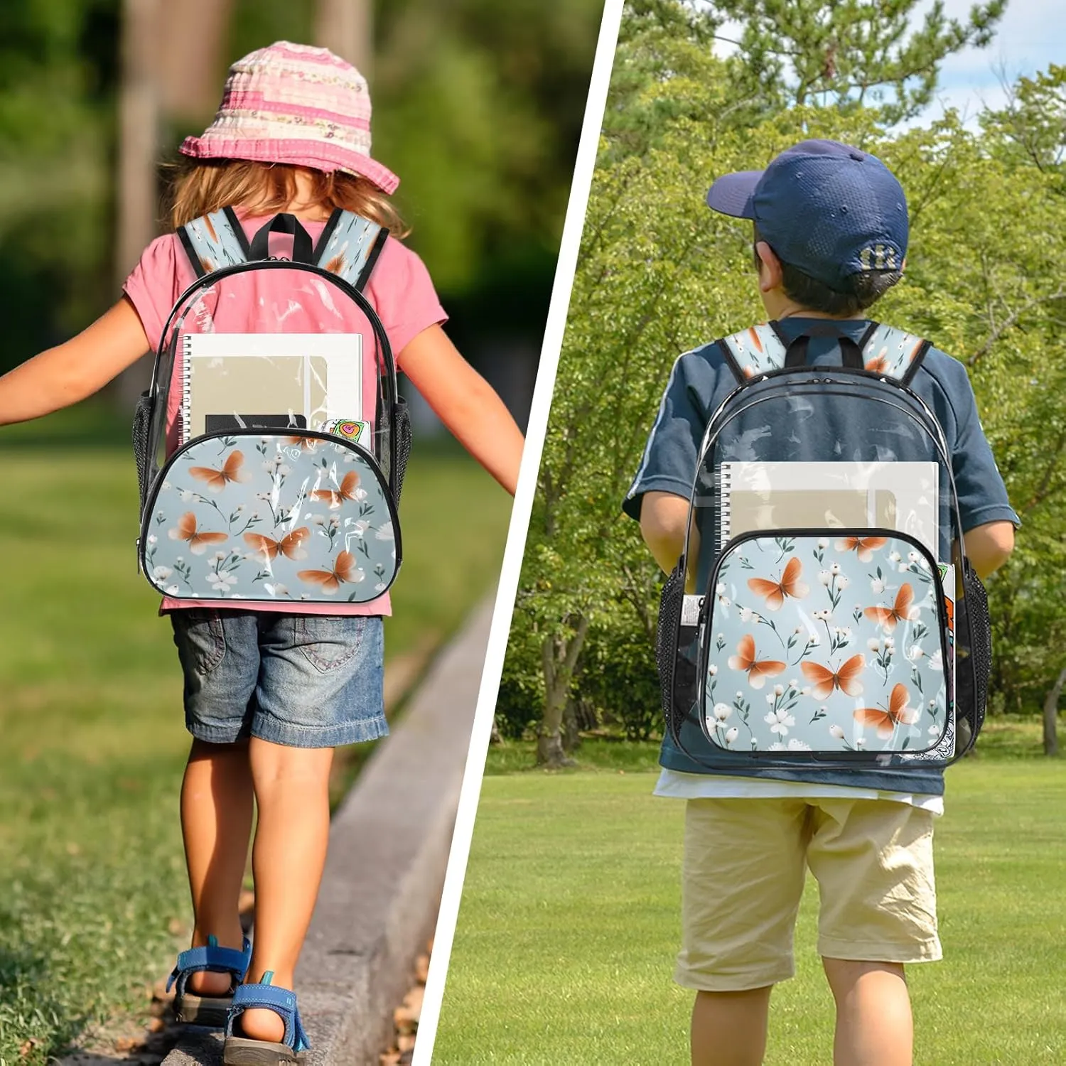 KOBLEN Orange Butterflies White Blooms 14.2 Inch Clear Backpack, Heavy Duty Transparent PVC Daypack with Adjustable Padded Straps, Large Capacity Clear Bag for Festival, Concerts, Travel