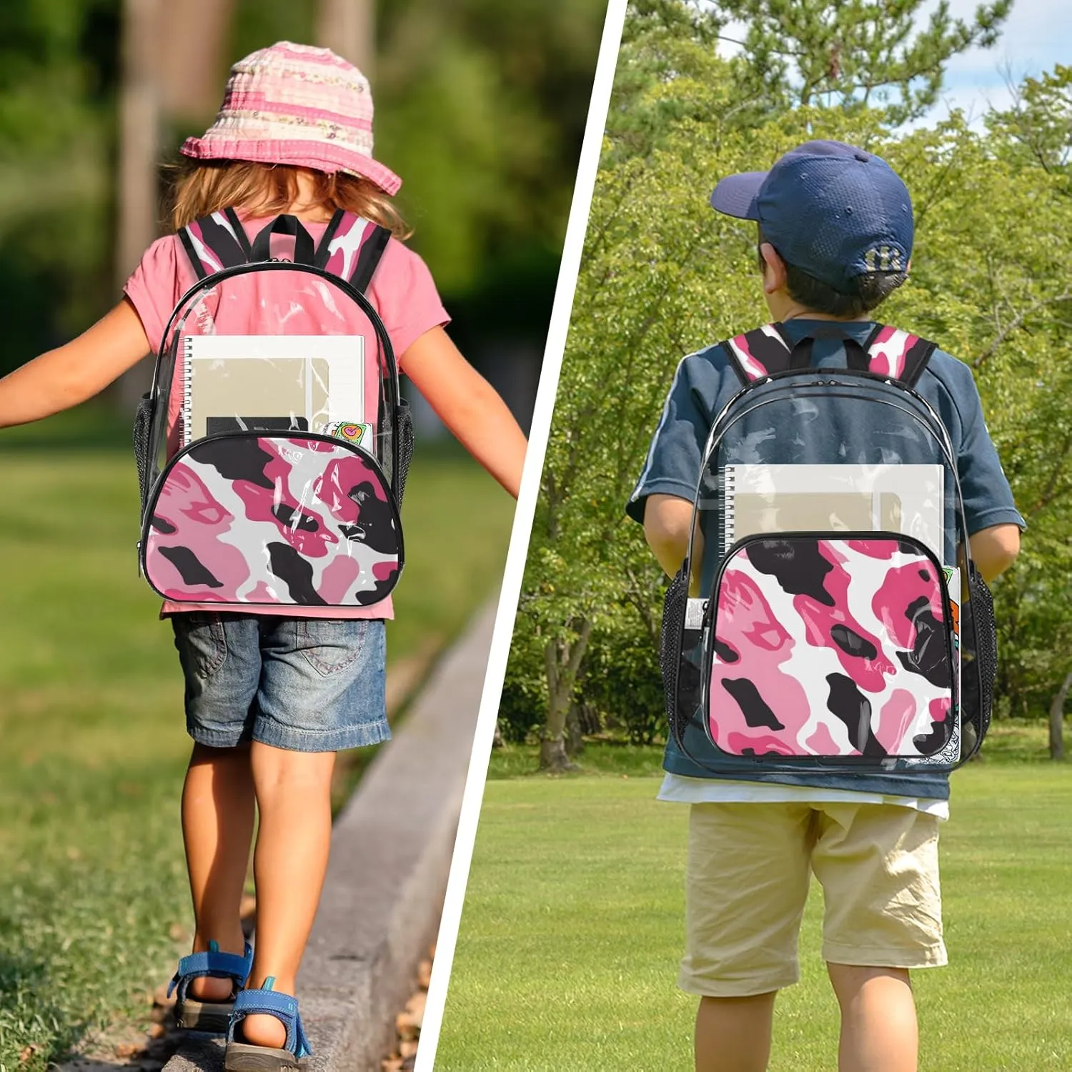 KOBLEN Pink Black Swirl 14.2 Inch Clear Backpack, Heavy Duty Transparent PVC Daypack with Adjustable Padded Straps, Large Capacity Clear Bag for Festival, Concerts, Travel
