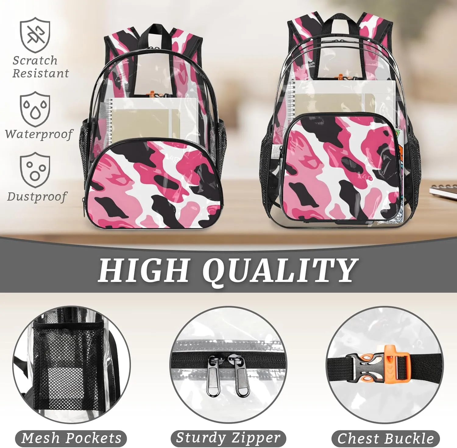 KOBLEN Pink Black Swirl 14.2 Inch Clear Backpack, Heavy Duty Transparent PVC Daypack with Adjustable Padded Straps, Large Capacity Clear Bag for Festival, Concerts, Travel