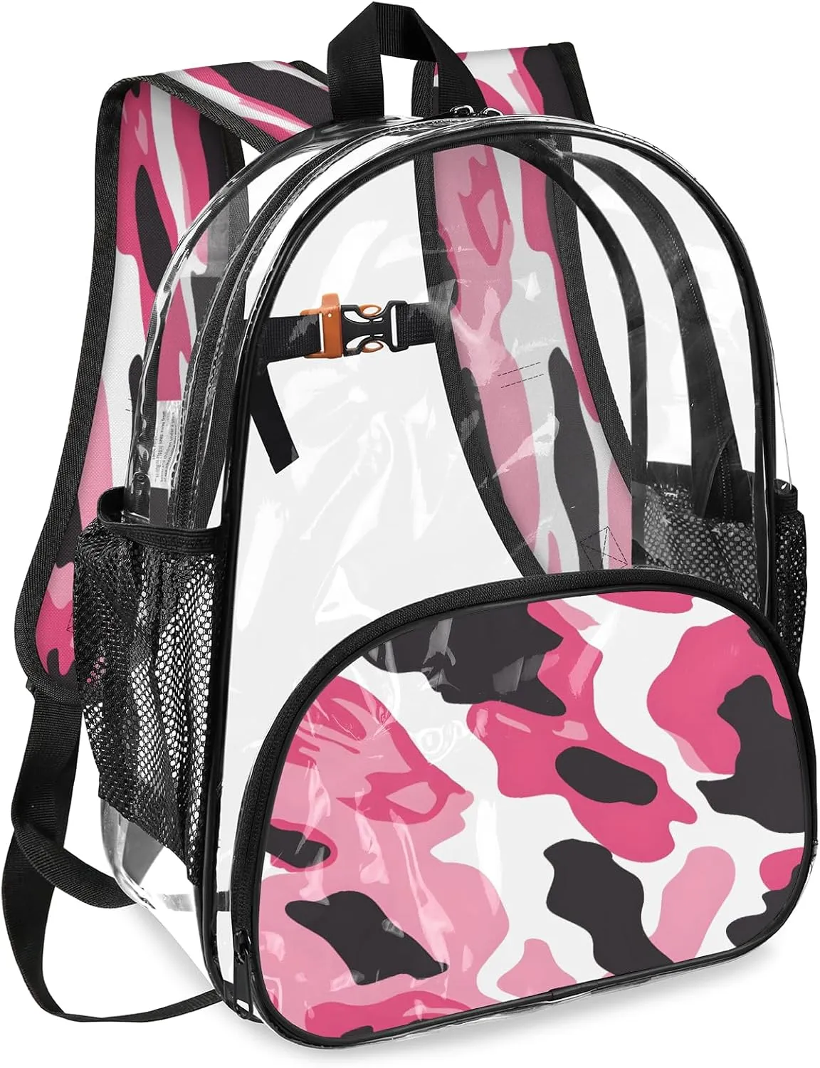 KOBLEN Pink Black Swirl 14.2 Inch Clear Backpack, Heavy Duty Transparent PVC Daypack with Adjustable Padded Straps, Large Capacity Clear Bag for Festival, Concerts, Travel