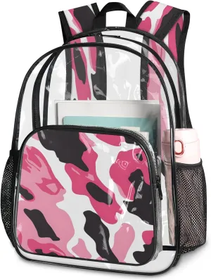 KOBLEN Pink Black Swirl 14.2 Inch Clear Backpack, Heavy Duty Transparent PVC Daypack with Adjustable Padded Straps, Large Capacity Clear Bag for Festival, Concerts, Travel