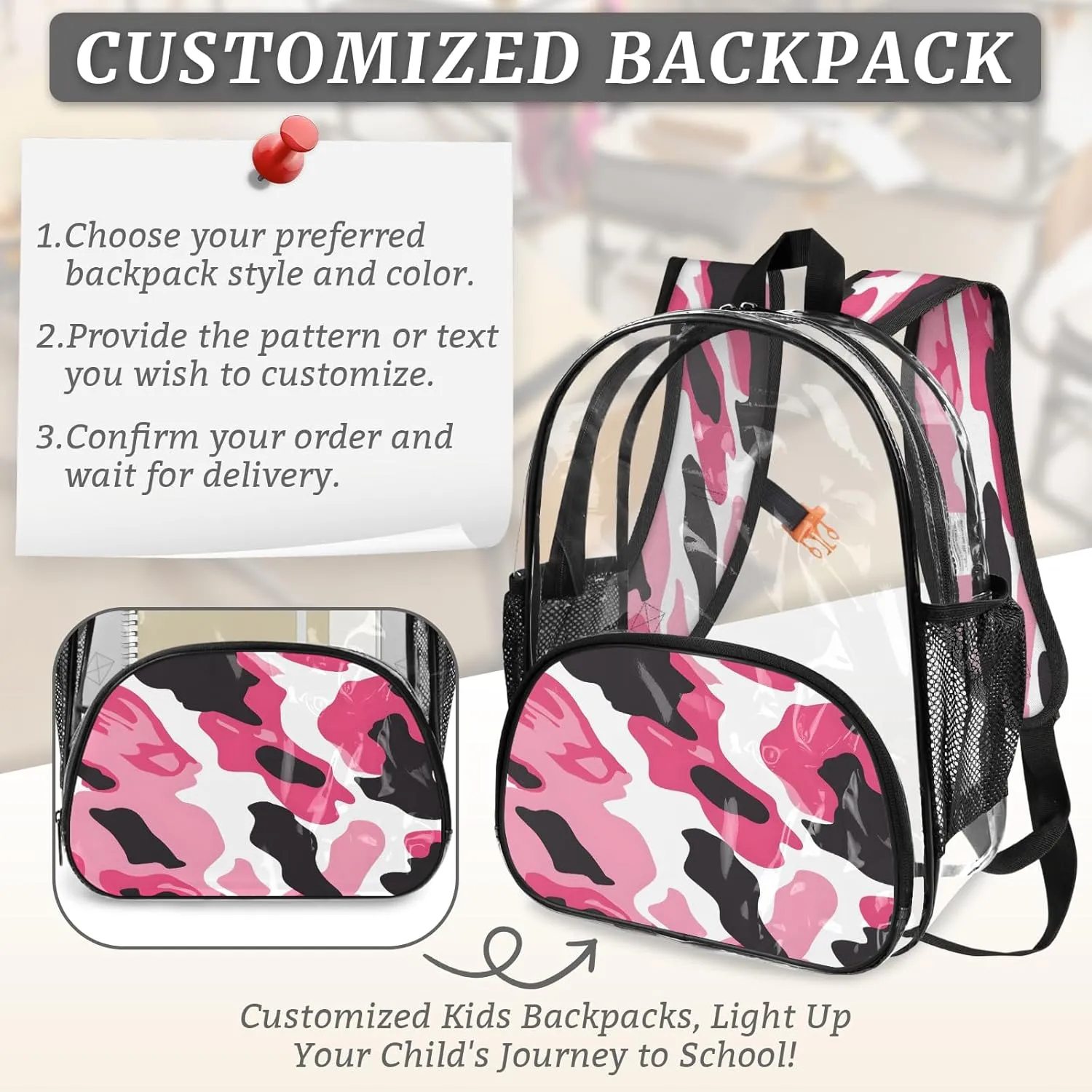 KOBLEN Pink Black Swirl 14.2 Inch Clear Backpack, Heavy Duty Transparent PVC Daypack with Adjustable Padded Straps, Large Capacity Clear Bag for Festival, Concerts, Travel