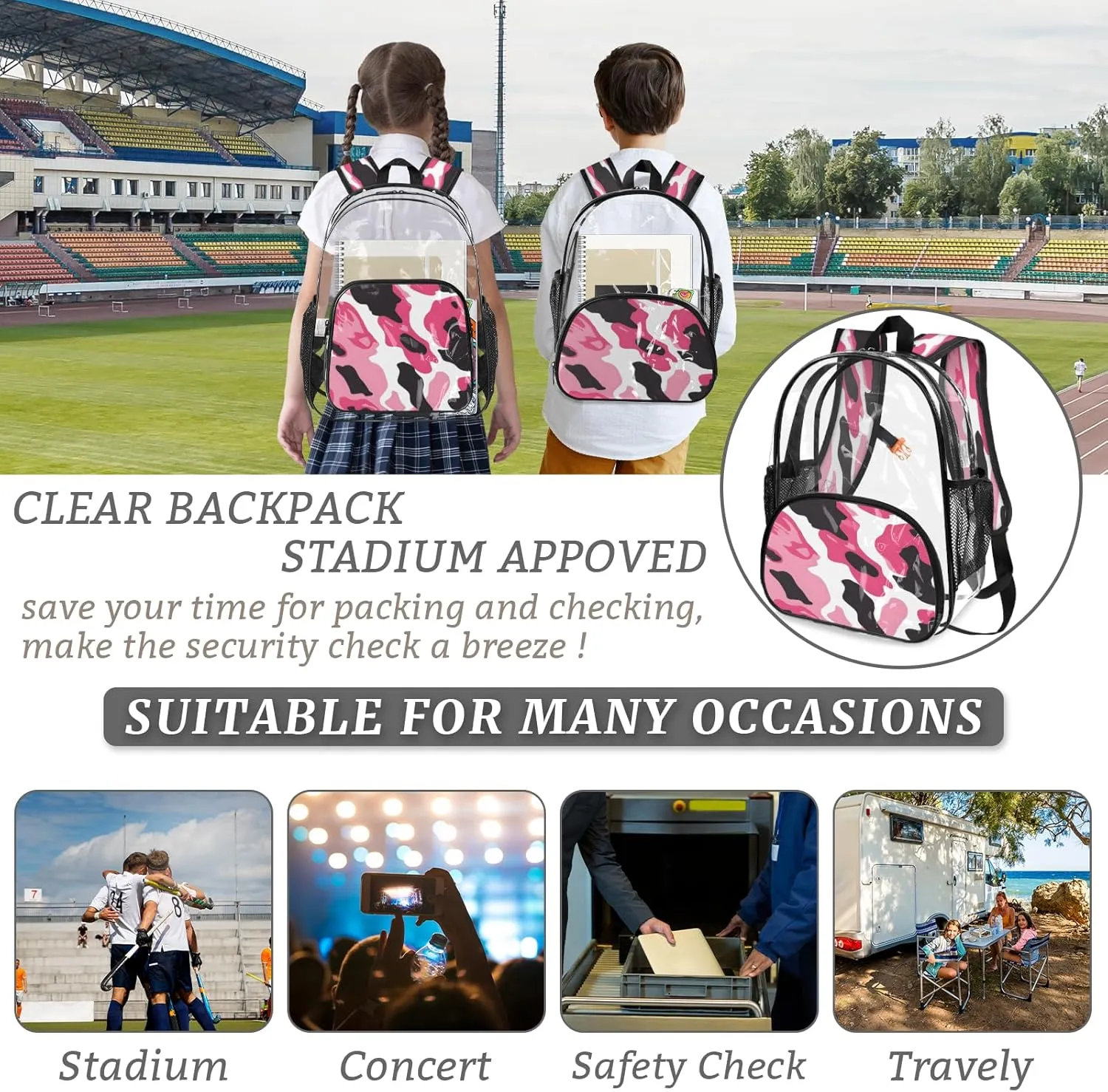 KOBLEN Pink Black Swirl 14.2 Inch Clear Backpack, Heavy Duty Transparent PVC Daypack with Adjustable Padded Straps, Large Capacity Clear Bag for Festival, Concerts, Travel