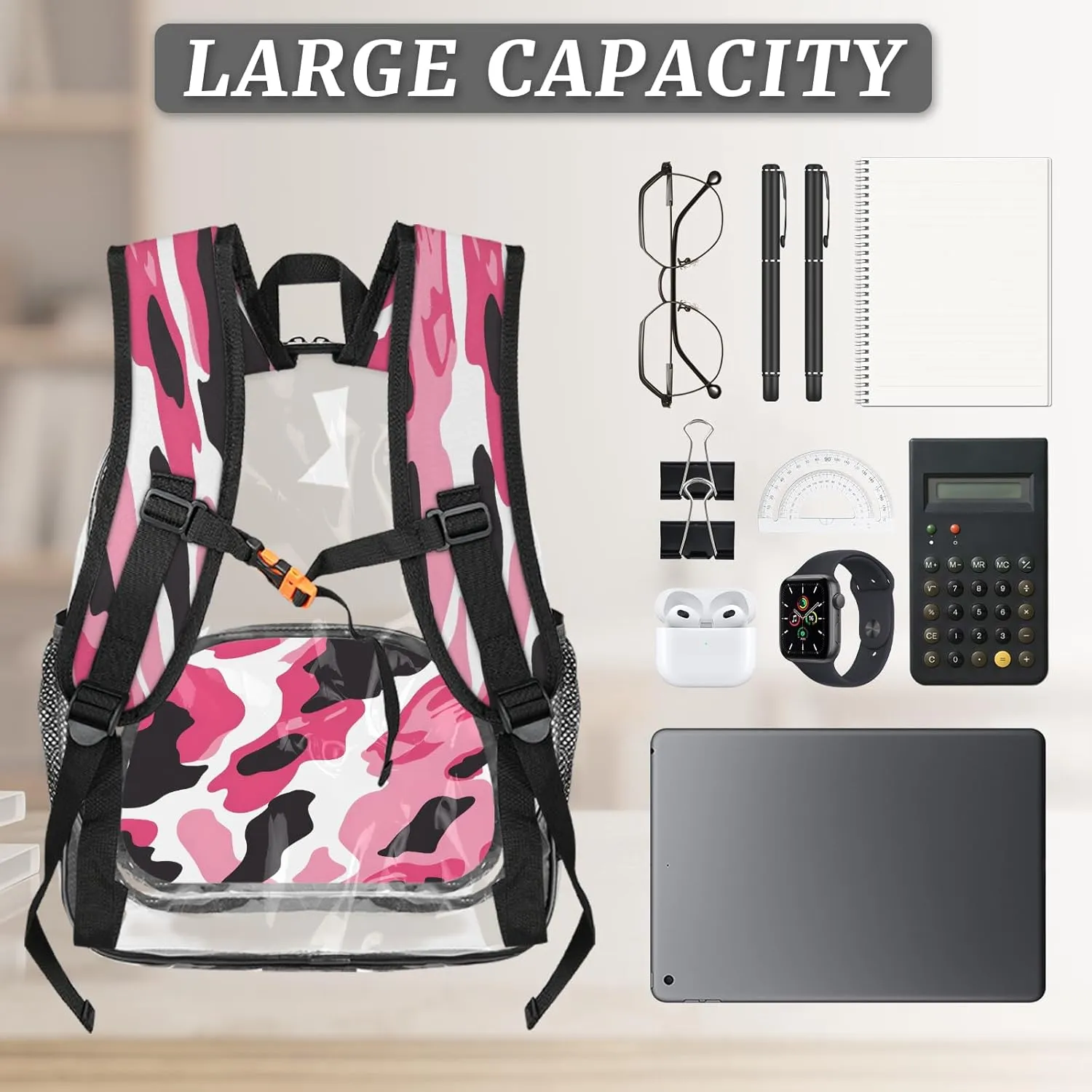 KOBLEN Pink Black Swirl 14.2 Inch Clear Backpack, Heavy Duty Transparent PVC Daypack with Adjustable Padded Straps, Large Capacity Clear Bag for Festival, Concerts, Travel