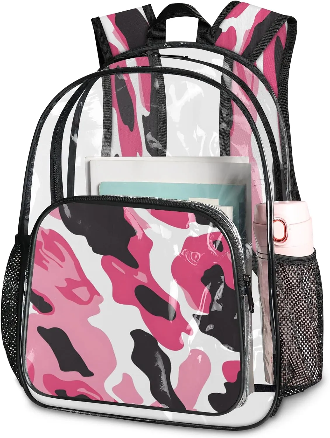 KOBLEN Pink Black Swirl 14.2 Inch Clear Backpack, Heavy Duty Transparent PVC Daypack with Adjustable Padded Straps, Large Capacity Clear Bag for Festival, Concerts, Travel