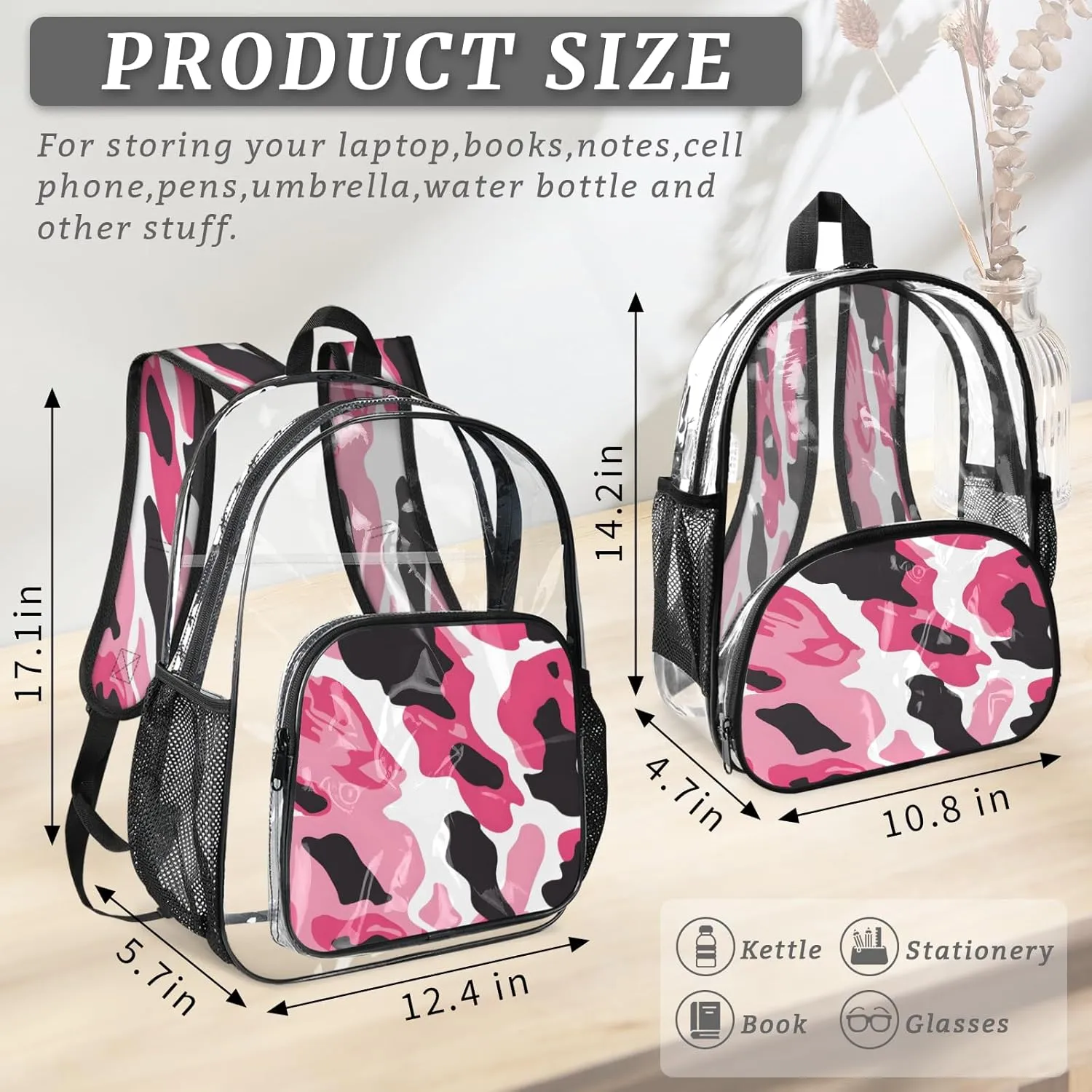 KOBLEN Pink Black Swirl 14.2 Inch Clear Backpack, Heavy Duty Transparent PVC Daypack with Adjustable Padded Straps, Large Capacity Clear Bag for Festival, Concerts, Travel