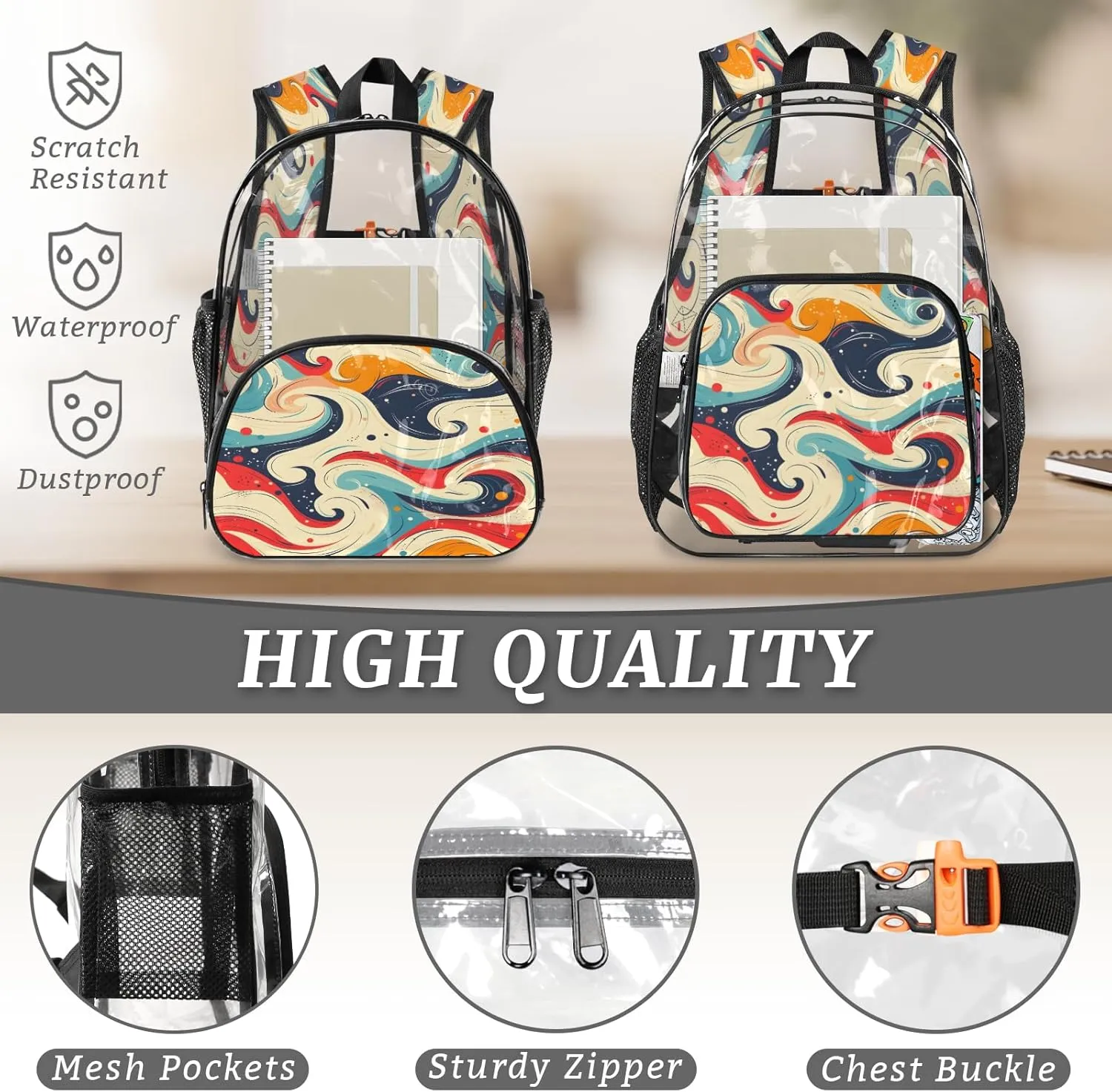 KOBLEN Retro Swirl Design 14.2 Inch Clear Backpack, Heavy Duty Transparent PVC Daypack with Adjustable Padded Straps, Large Capacity Clear Bag for Festival, Concerts, Travel
