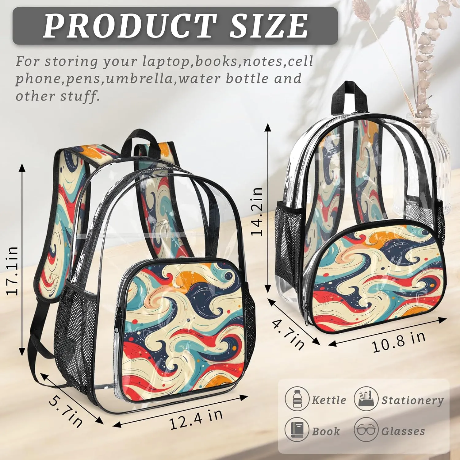 KOBLEN Retro Swirl Design 14.2 Inch Clear Backpack, Heavy Duty Transparent PVC Daypack with Adjustable Padded Straps, Large Capacity Clear Bag for Festival, Concerts, Travel