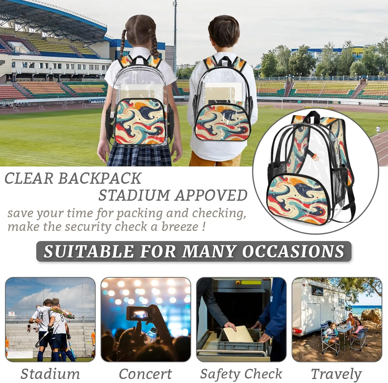 KOBLEN Retro Swirl Design 14.2 Inch Clear Backpack, Heavy Duty Transparent PVC Daypack with Adjustable Padded Straps, Large Capacity Clear Bag for Festival, Concerts, Travel